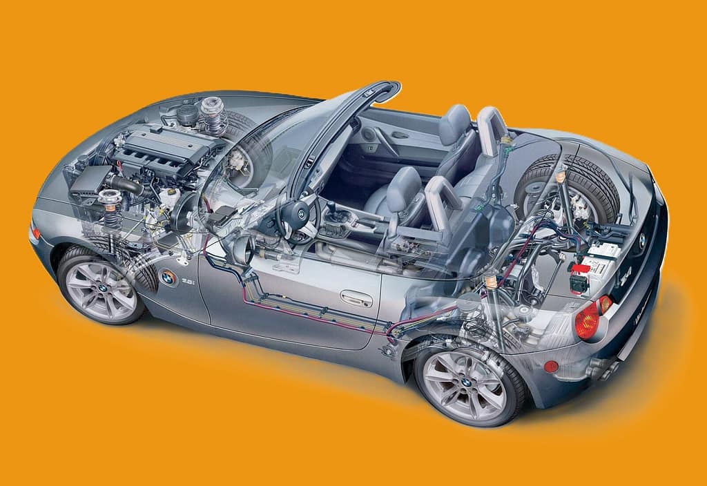 Ein BMW Z4 durchsichtig dargestellt so das man seine komplette Antriebs und Fahrwerktechnik sieht